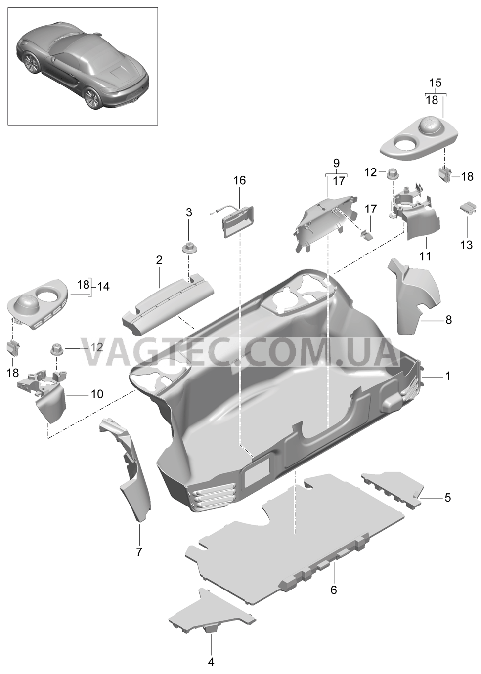 807-005 Багажный отсек, задний для PORSCHE Boxster 2012-2016