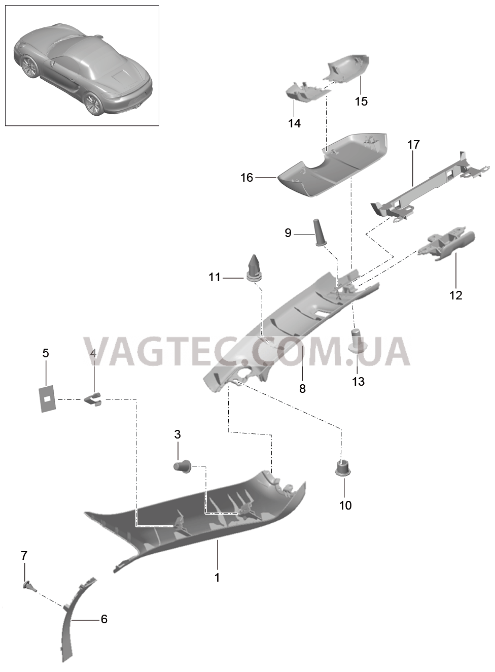 807-055 Стойка А, Рама ветрового стекла для PORSCHE Boxster 2012-2016USA