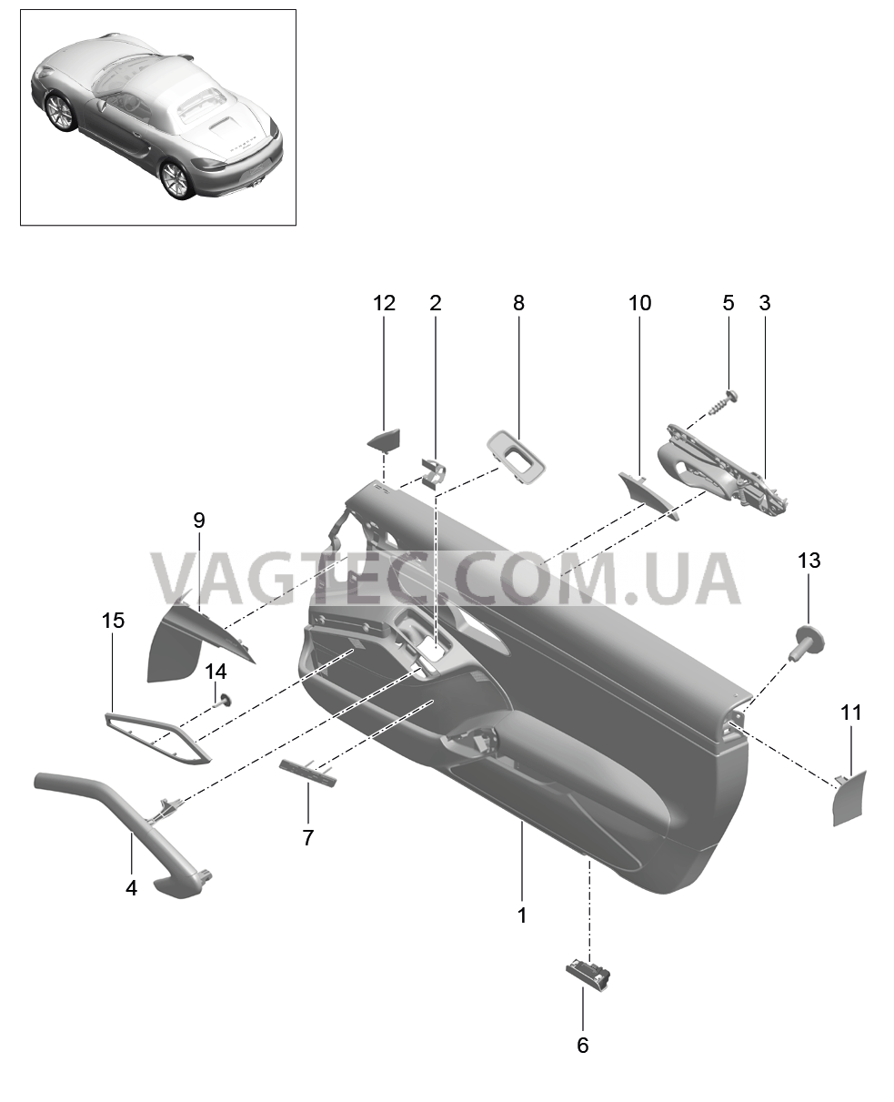 808-001 Обшивка двери, Детали, Искусственная кожа, Кожан. пакет
						
						-I788/-I981, I811/980 для PORSCHE Boxster 2012-2016USA