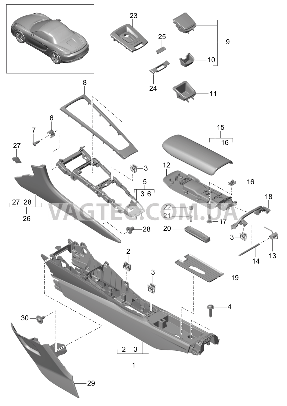 809-020 Центральная консоль для PORSCHE Boxster 2012-2016USA