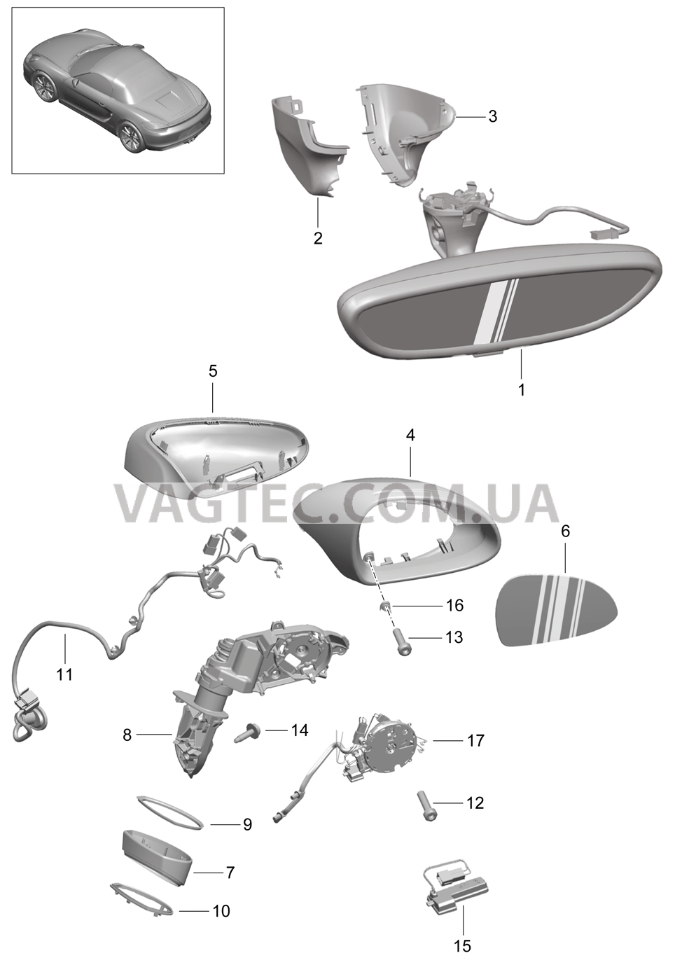 809-050 Салон.зеркало задн.вида, Наружн.зеркало задн.вида для PORSCHE Boxster 2012-2016USA