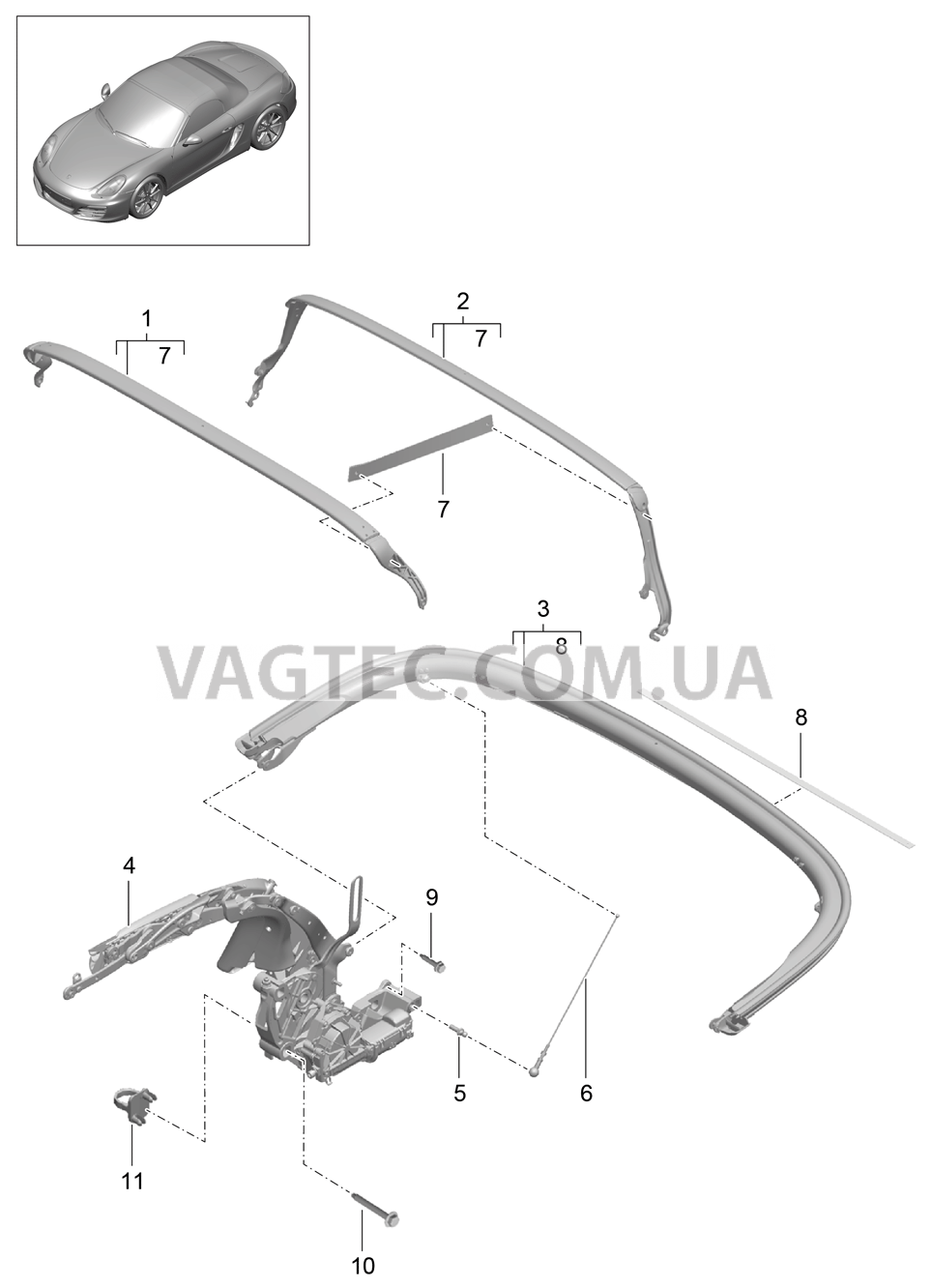 811-010 Каркас складного верха, Отдельные детали для PORSCHE Boxster 2012-2016USA