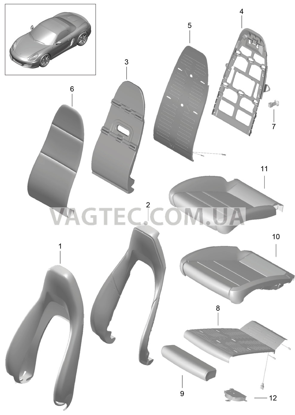 817-002 Пенопласт.комп., Покрытие, Спортивное сиденье для PORSCHE Boxster 2012-2016USA