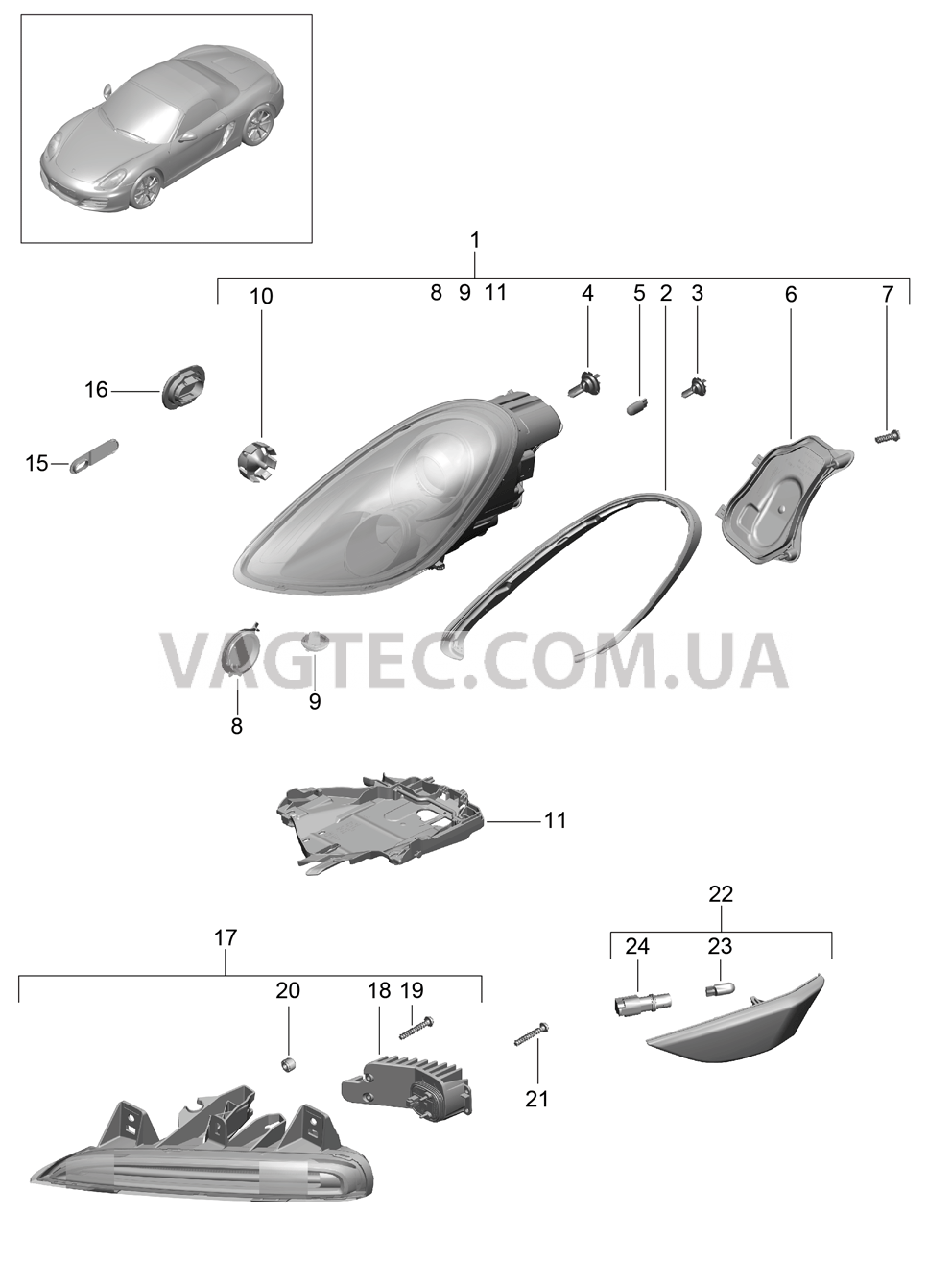 905-000 Фара, Дополнительная фара, Сигнал поворота, Указатель поворота
						
						-I601/-I603, -I620 для PORSCHE Boxster 2012-2016