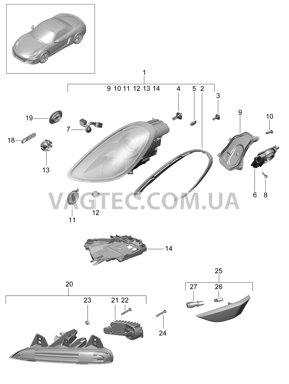 905-001 Фара, Дополнительная фара, Сигнал поворота, Боковой габаритный огонь
						
						I601 для PORSCHE Boxster 2012-2016USA