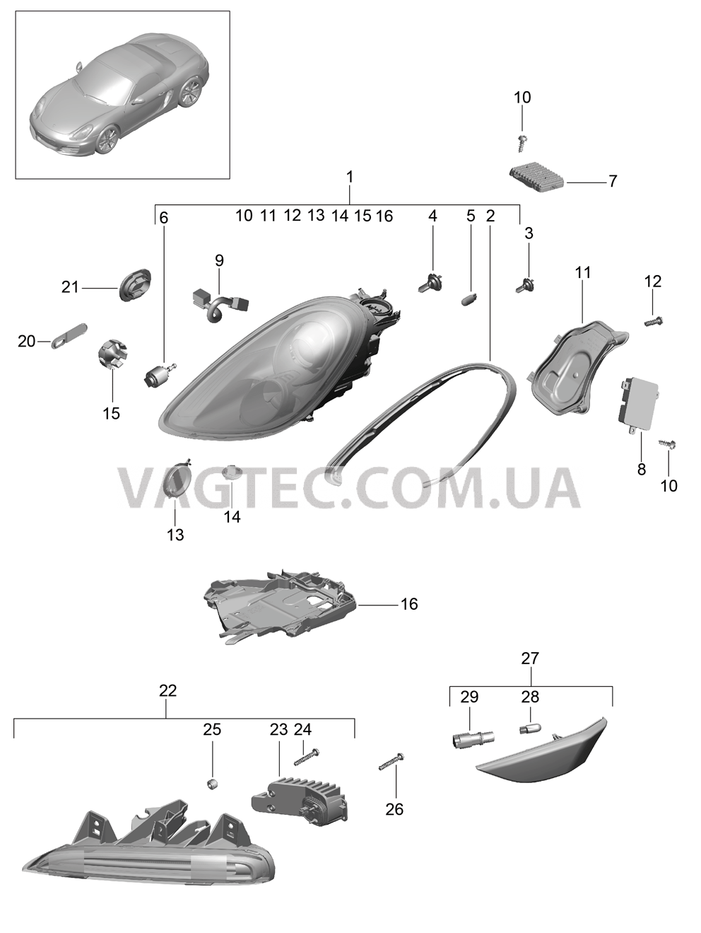 905-002 Фара, с, Сист. динам. освещ. повор., Дополнительная фара, Сигнал поворота, Указатель поворота
						
						I603/620 для PORSCHE Boxster 2012-2016