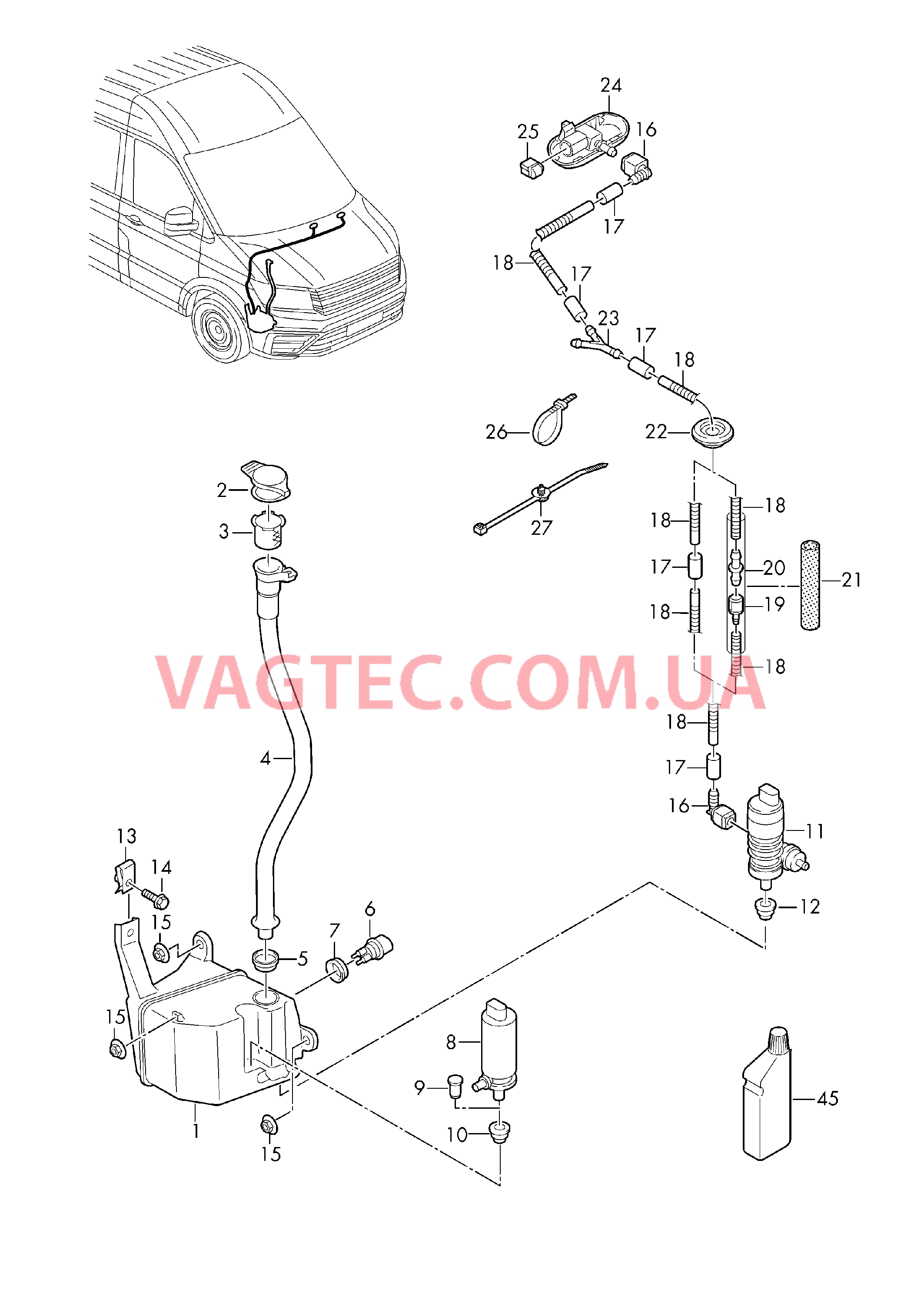 Бачок д/омыв.жидкости и детали  Шланг жидкости омывателя Cредство для очистки стекол  для VOLKSWAGEN Crafter 2018
